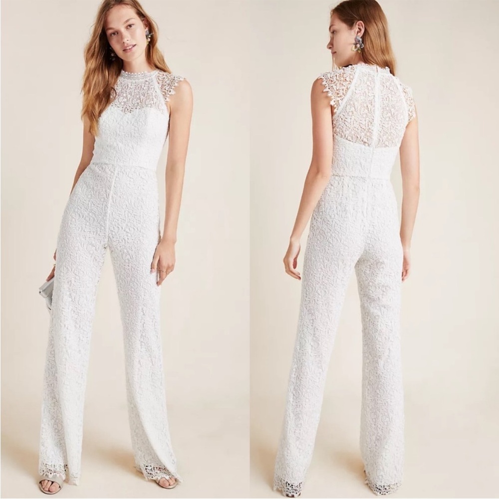 Anthropologie ML MONIQUE LHUILLIER Vesper Cap Sleeve Lace Jumpsuit